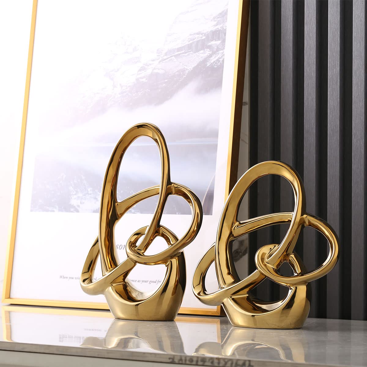 Modern Gold Knots Decor Ceramic Statue - Abstract Home Accent & Tabletop Figurine for Living Room, Bedroom, Bathroom, Office, Shelf, Mantel - Wedding, Coffee Table, Dining Room Centerpiece Decoration