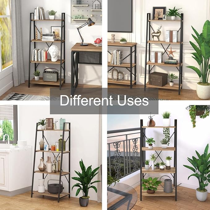 BON AUGURE Farmhouse Ladder Shelf Bookcase, 4 Tier Rustic Ladder Bookshelf, Standing Leaning Book Shelves for Living Room (Vintage Oak)