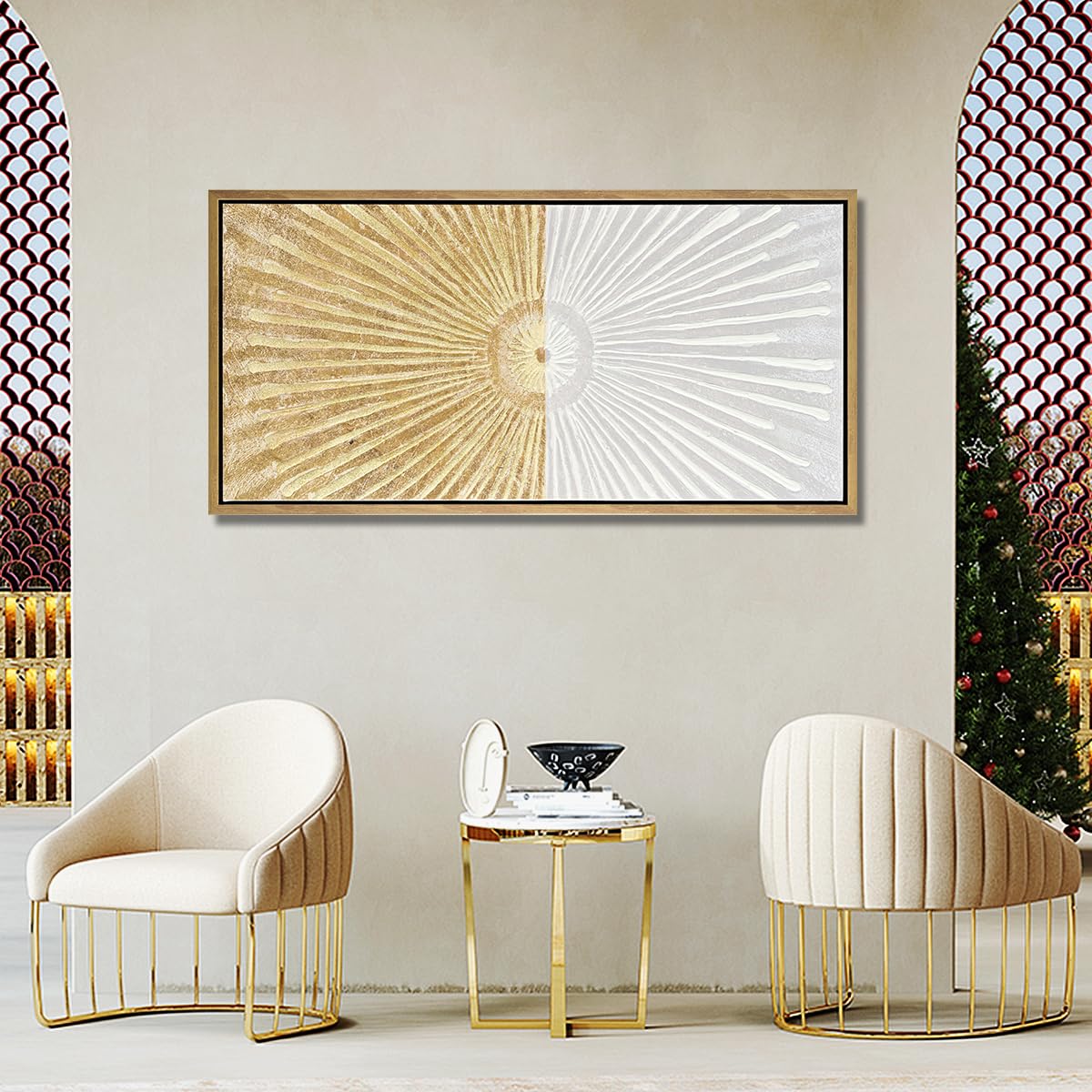 20"x40" Framed Canvas White and Gold Wall Art Symmetrical Line Abstract Modern Wall Decor Art for Living Room Bedroom Bathroom Office Wall Decor