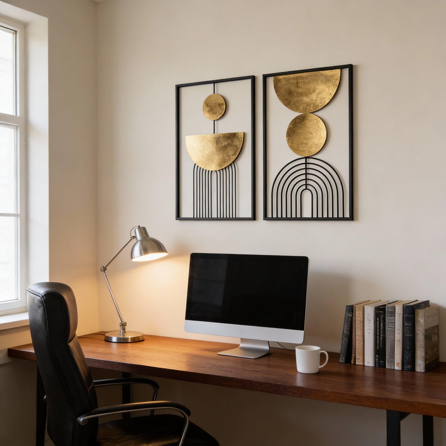 Abstract Geometric Wall Decor Set, Gold and Black Metal Wall Art with Circular and Linear Designs, 2 Piece Framed Modern Wall Sculpture