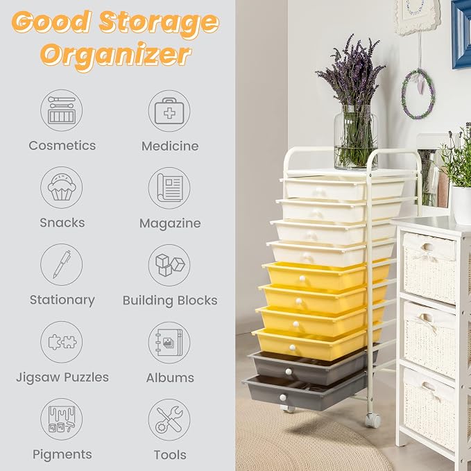 MEDIMALL 10 Drawers Rolling Storage Cart, Multipurpose Craft Storage Cart with Wheels, Mobile Tools Scrapbook Paper Organizer Cart for Office School Home Use (Yellow)