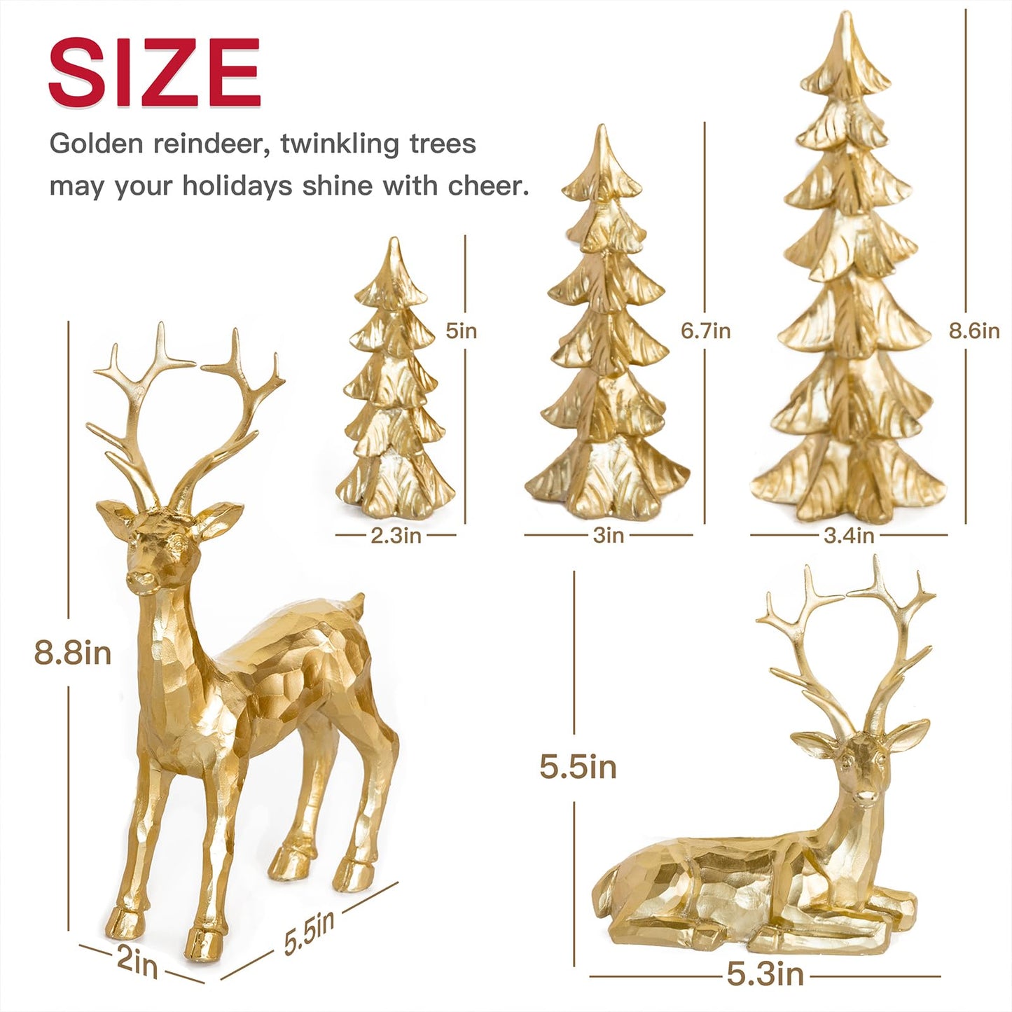 Gleemoria 5pc Gold & Silver Christmas Reindeer & Tree Statue Set; Tabletop Decor; Gold Deer Figurines