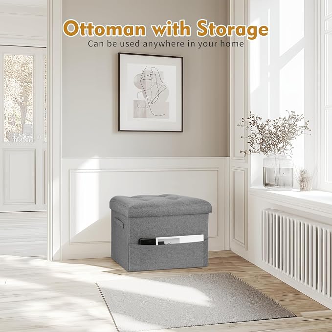 BelugaHelper Storage Ottoman Foot Rest, Folding Linen Foot Stool with Thicker Foam Padded Seat. Small Ottoman with Storage Bench for Bedroom Living Room, Holds Up to 300 lbs, 17x13x13IN (Light Gray)