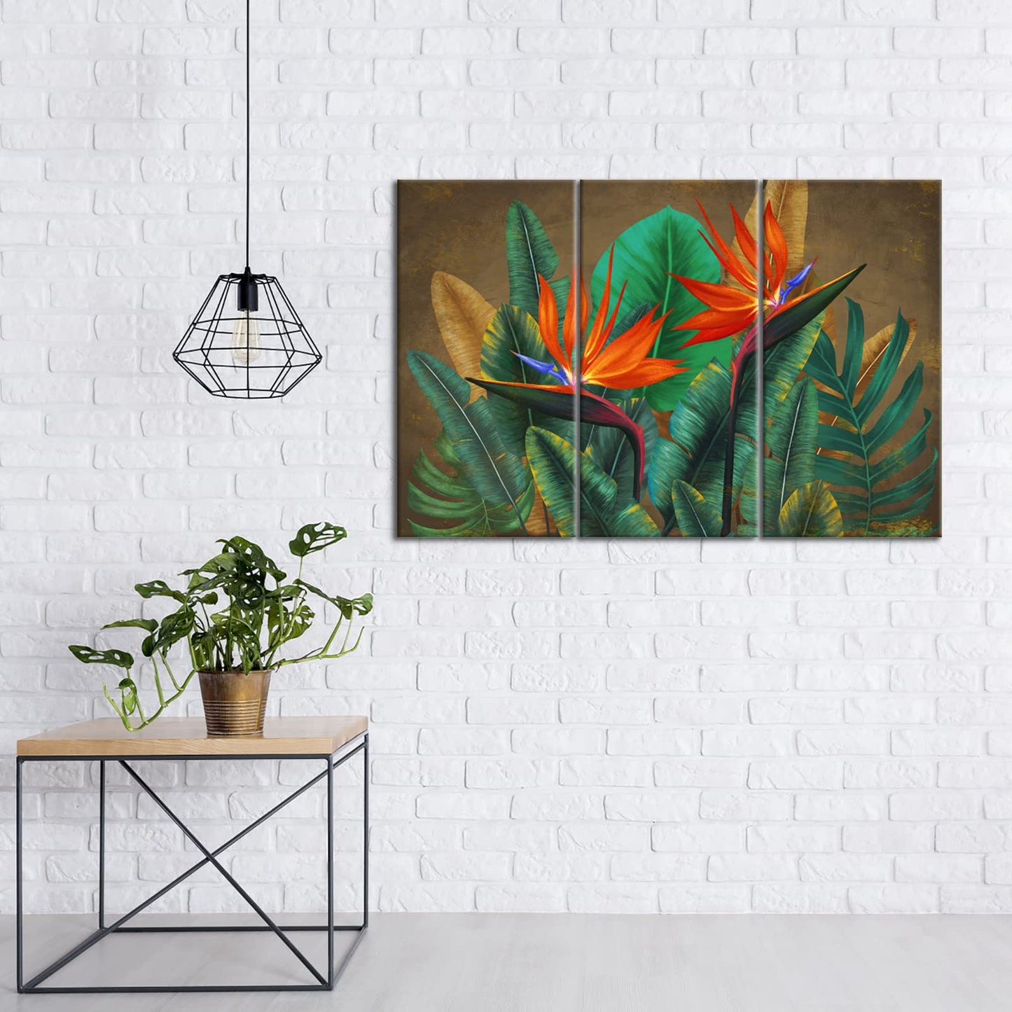 FuShvre 3 Pieces Tropical Flower Canvas Wall Art Bird of Paradise Pictures Paintings Hawaii Themed Green Palm Leaf Home Decor Framed
