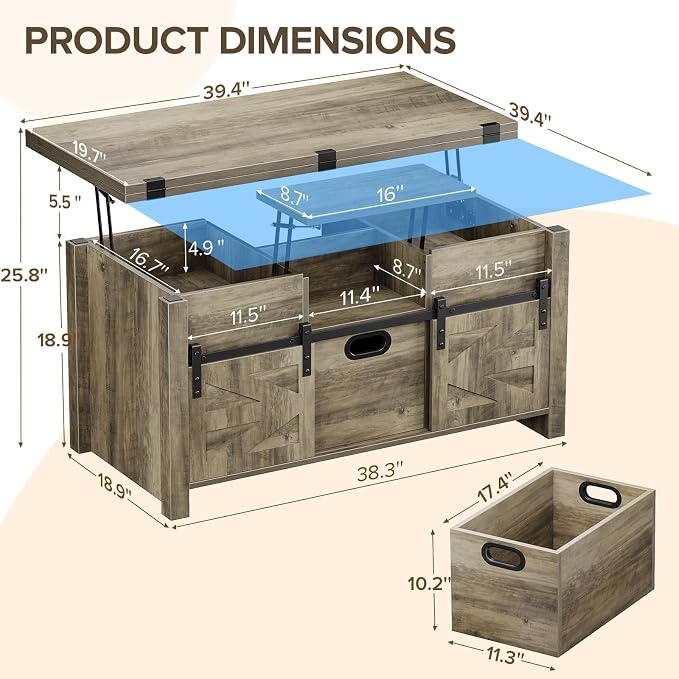 Memobarco 40" Farmhouse Lift Top Coffee Table with Sliding Barn Door,4 in 1 Multi-Function Coffee Tables with Storage Drawers & Hidden Compartment,Converts to Dining Table for Living Room,Grey