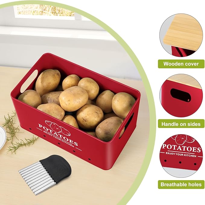 Kitchen Vegetable Storage Set of 3, Metal Onion Garlic Potato Storage Set, Kitchen Canisters Vegetable Keeper Containers with Aerating Holes and Bamboo Lid，Red