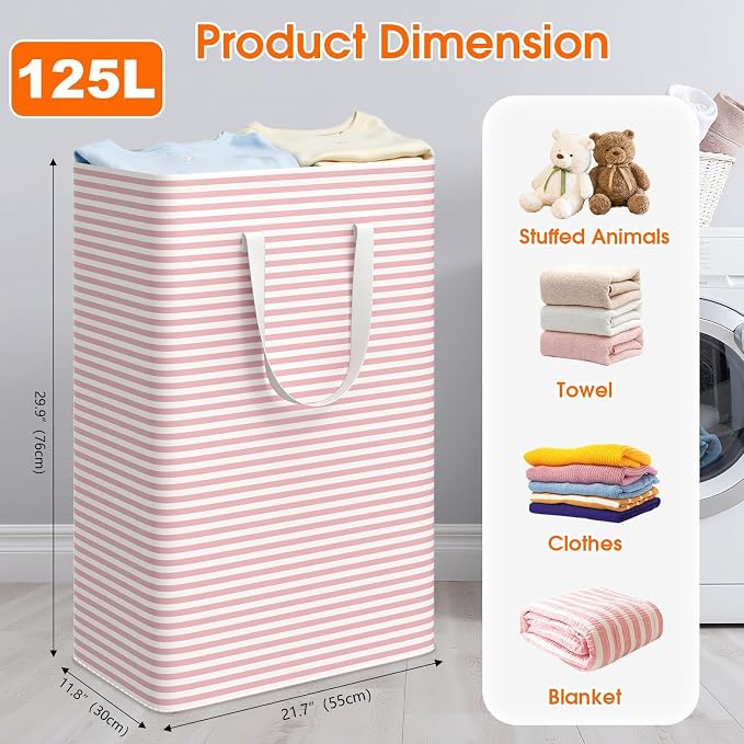 3 Pack Large Laundry Basket,Waterproof & Freestanding Laundry Hamper,Collapsible Clothes Hampers with Easy Carry Long & Reinforced Handles in Bathroom,College Dorm(125Lx3,Pink)