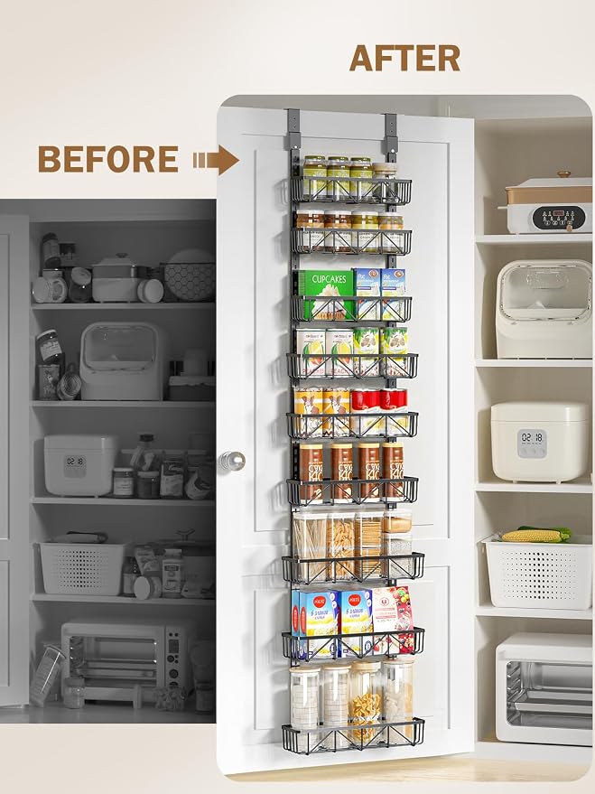 Delamu Adjustable Narrow Over the Door Pantry Organizer, 9-Tier Metal Pantry Organization and Storage for Kitchen, Hanging Spice Rack Seasoning Shelves, Cabinet Door Organizer for Easy Install, 12.5"