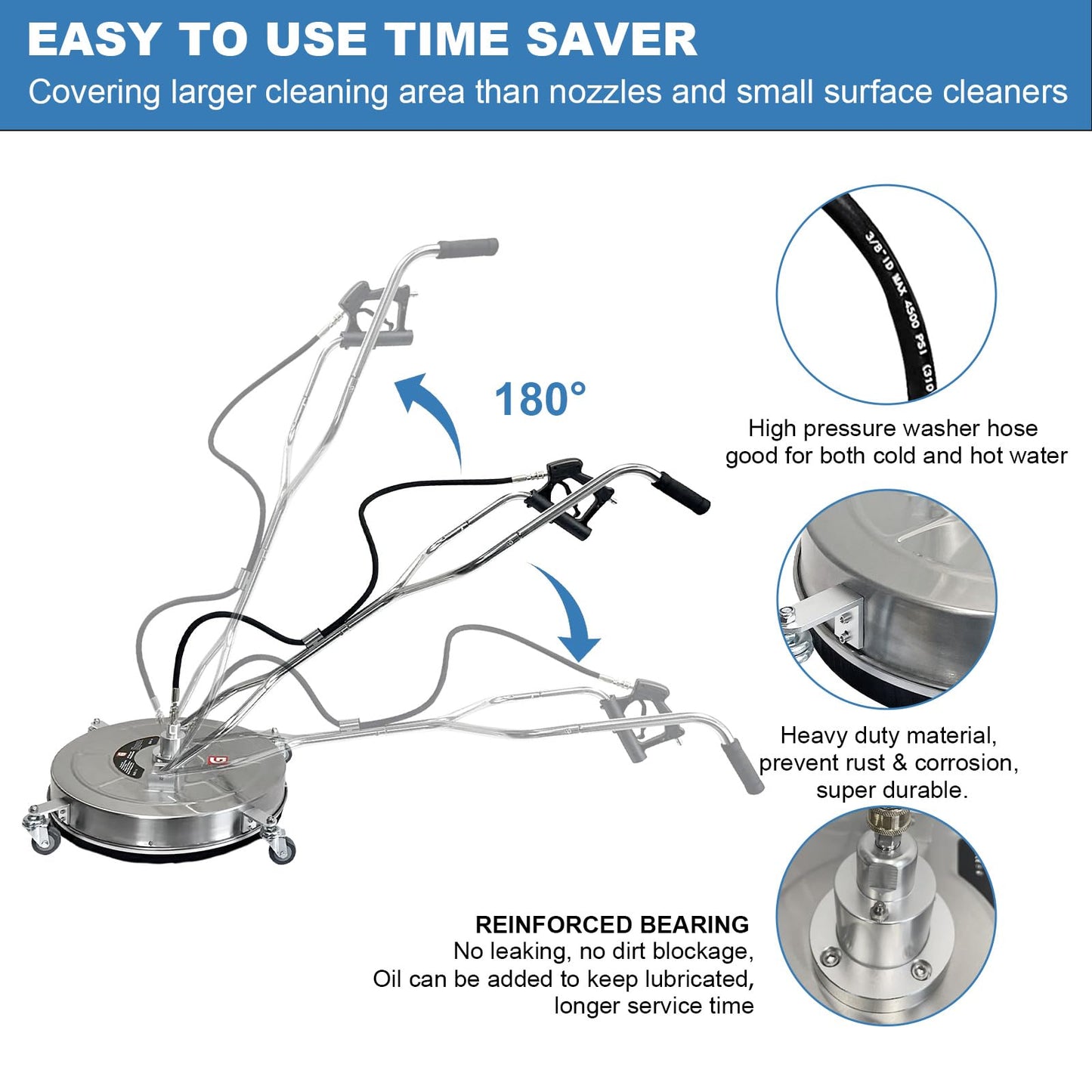 20" Pressure Washer Surface Cleaner with 4 Wheels - Stainless Steel Dual Handle Surface Cleaner 4600 Max PSI, 3/8" Connector & 1/4" Adapter Power Washer Floor Attachment,for Floor Driveway, Patio