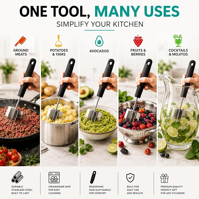 2pc Gift Set | Large Stainless Steel Meat Chopper & Masher | 6-Blade Ground Beef Chopper Tool & Mini Avocado Masher | Heat Resistant Grip | Dishwasher Safe (Midnight Plum/Zippy Green)