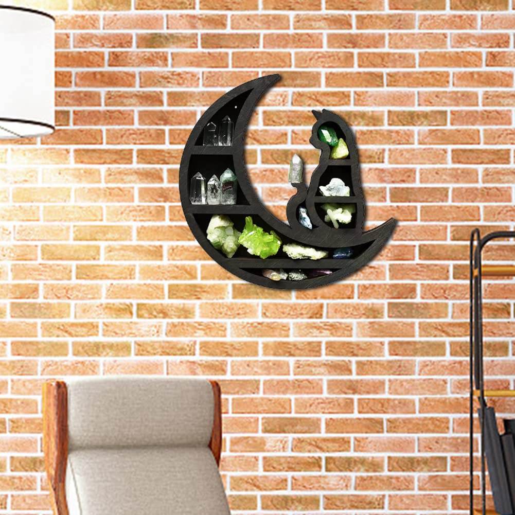EMVANV Wooden Crystal Shelf, Moon Cat Home Improvement Wall Mounted Jewelry Rack Wooden Crystal Shelf Kitchen(Black,Size:30x30x3cm)