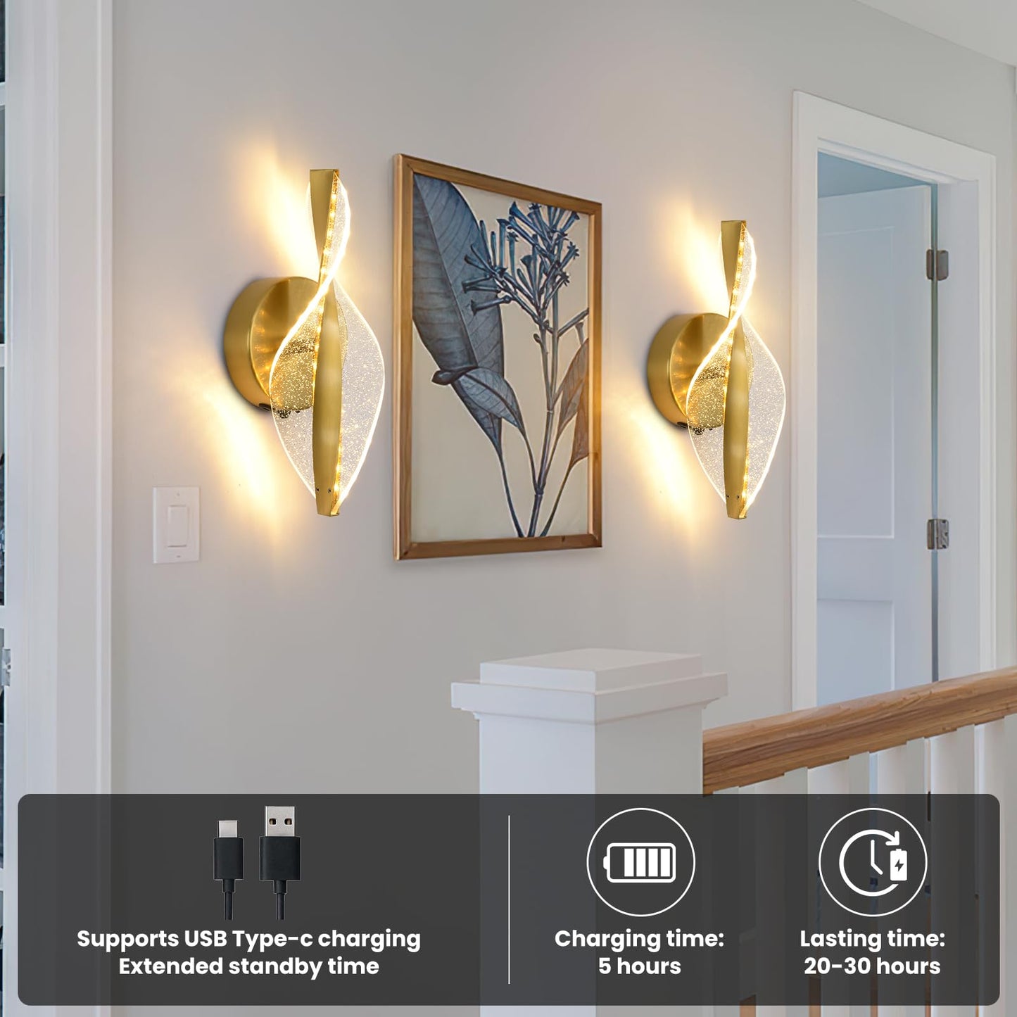 Giawosth LED Wall Sconces Set of Two Battery Operated, 5000mAh USB Rechargeable Gold Acrylic Wall Lights with Remote, Dimmable Wireless Wall Lamp for Living Room, Bedroom, Hallway,11.8 Inch