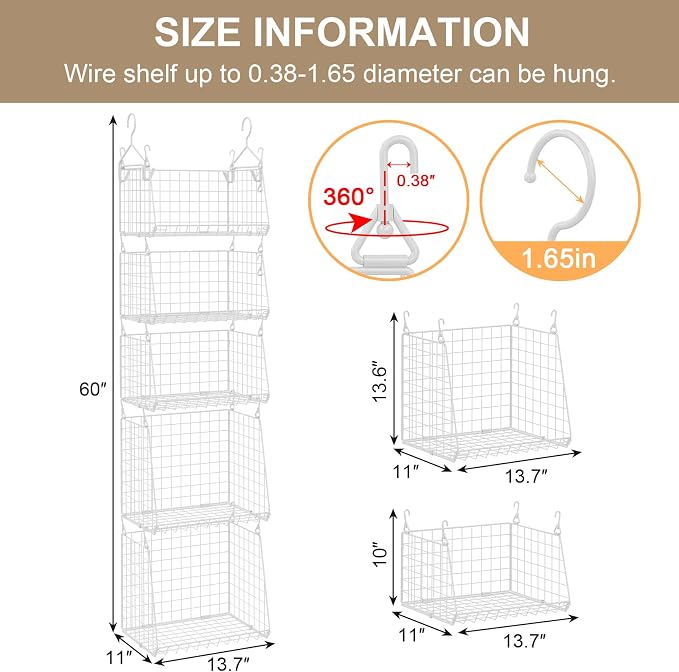 Sonyabecca 5-Tier Hanging Laundry Basket Organizer: Foldable Wire Shelf Basket with 4 Large Hooks 1.65" & 360°Rotating Hooks – Space-Saving Laundry Room Organization for Wardrobe Closet, White Patent