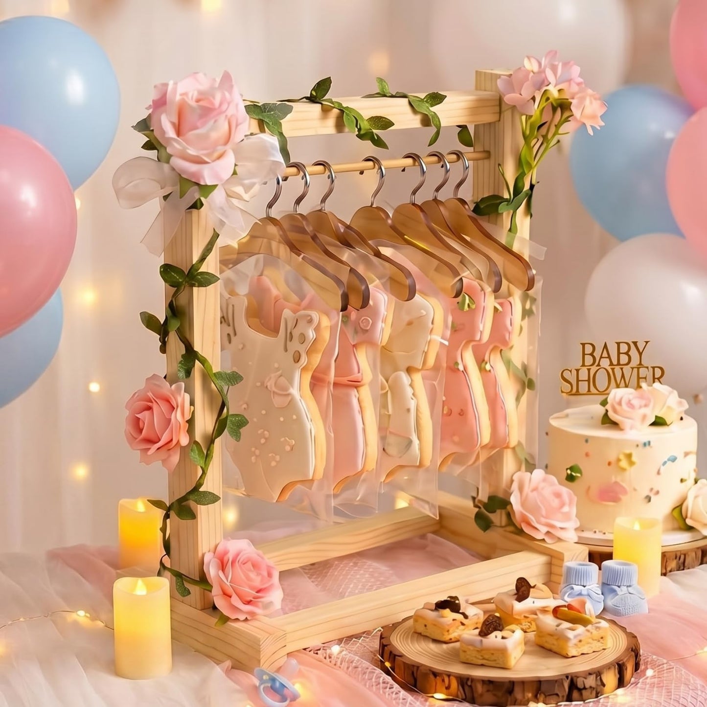 Suclain Mini Wooden Cookie Display Stand for Baby Shower Bridal Shower with 6 Hangers, Solid Wood Cookie Rack with Faux Flowers, Vines, Ribbon and Treat Bags for Wedding Tea Doll Party Dessert (Pink)