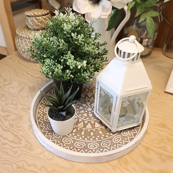 Hrastany Boho Round Wooden Decorative Tray, White Farmhouse Candles Tray for Home Decor, A Pattern