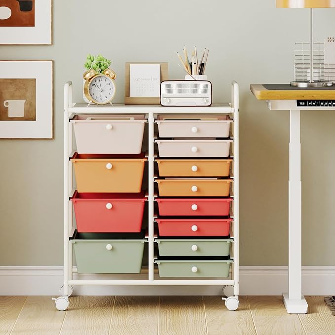 Giantex 12 Drawer Rolling Cart with Drawers, Storage Organizer Cart for Classroom Office School Teacher, Mobile Drawer Cart for Tools, Crafts, Small Printer, Macaron Multicolor