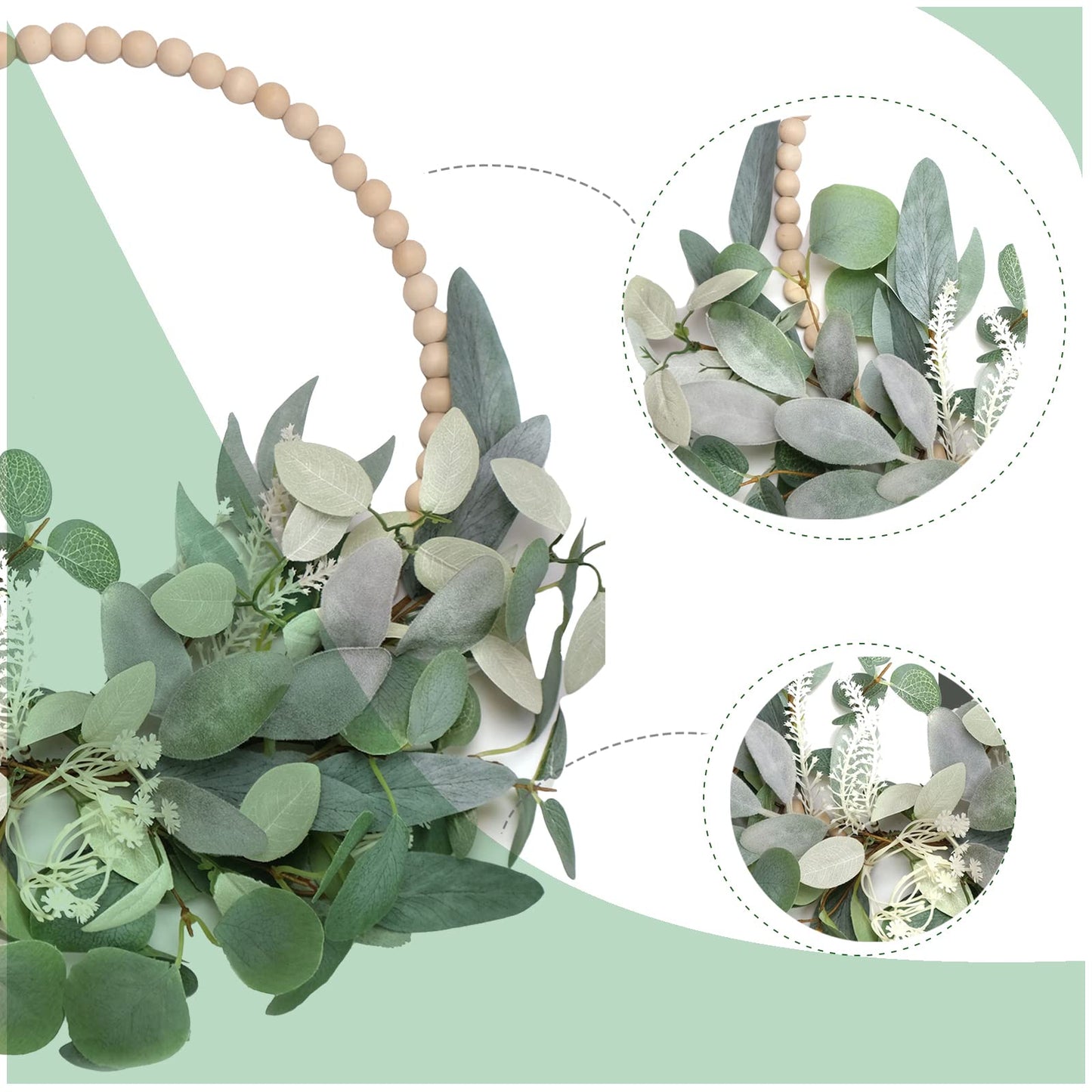 TEMPUS 16” Artificial Wood Bead Eucalyptus Wreath - Indoor/Outdoor Seasonal Farmhouse Door Decor with Artificial Greenery Perfect