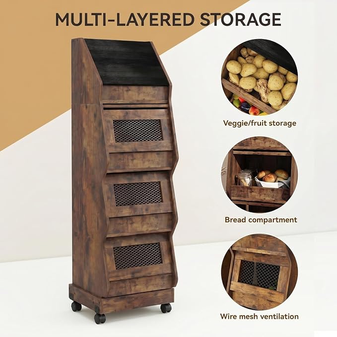 ARTETHYS Potato and Onion Storage Bin On Wheels, Movable 4 Tiers Freestanding Garlic and Onion Box Organizer, Bread and Vegetables Storage Cabinet Rack for Kitchen, Rustic