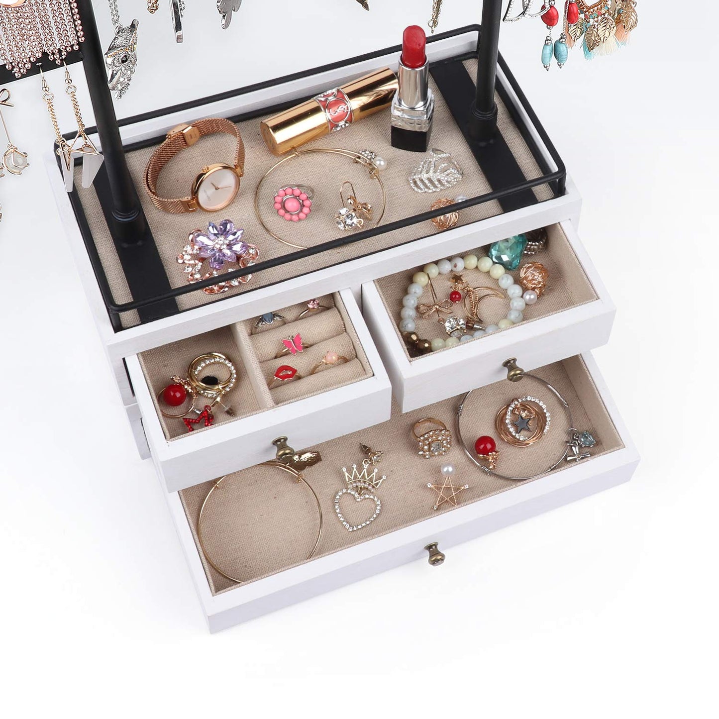OLAKEE Jewelry Organizer - 2 Layer Wooden Jewelry Drawer Storage Box with 6 Tier Jewelry Tree Stand, Jewelry Display for Necklaces Bracelet Earring Ring (Rustic White)
