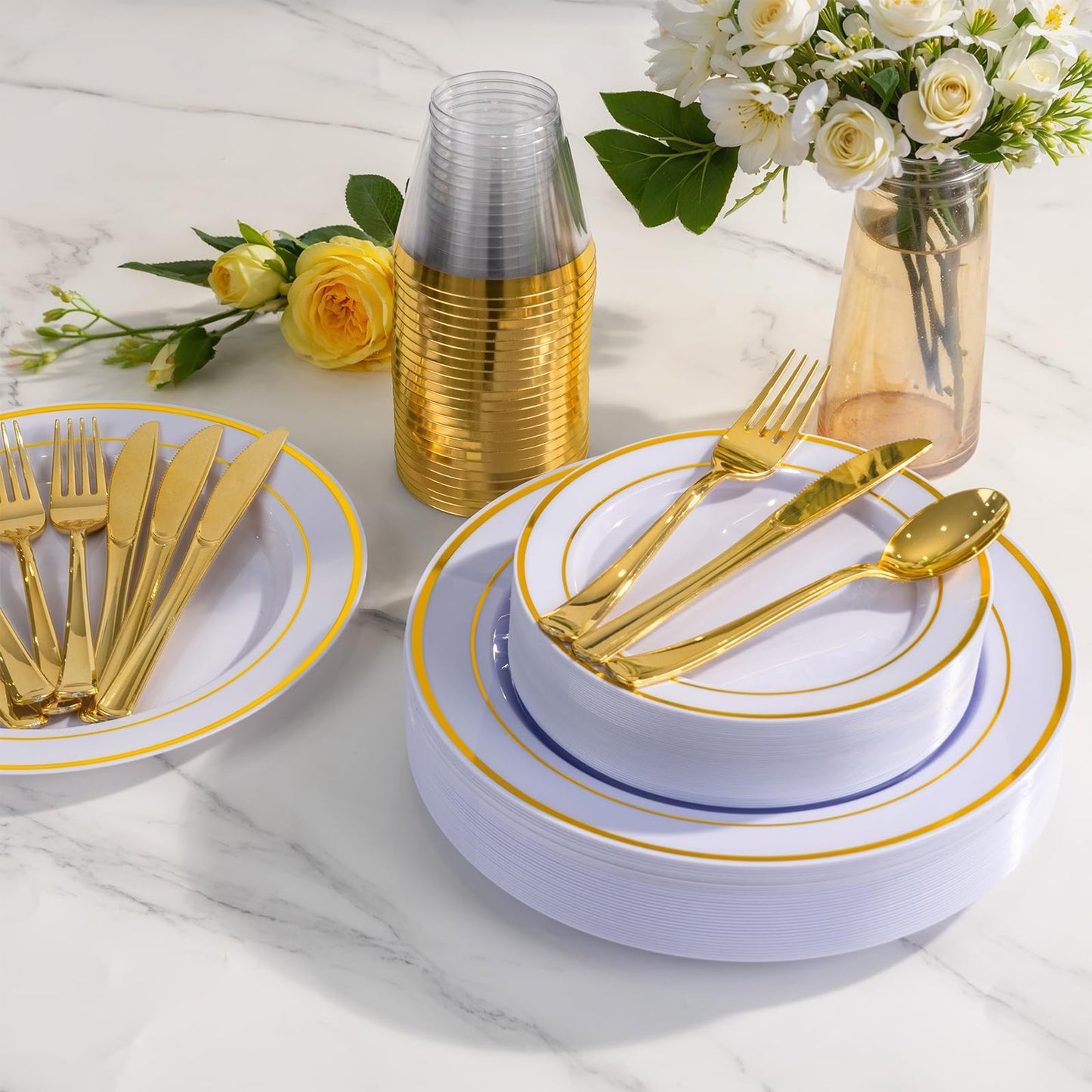 WELLIFE 600 PCS Gold & White Disposable Dinnerware Set for 100 Guests — White Plastic Plates with Gold Rim, Dinner & Salad Plates, Cups, Forks, Knives & Spoons for Weddings & Elegant Events