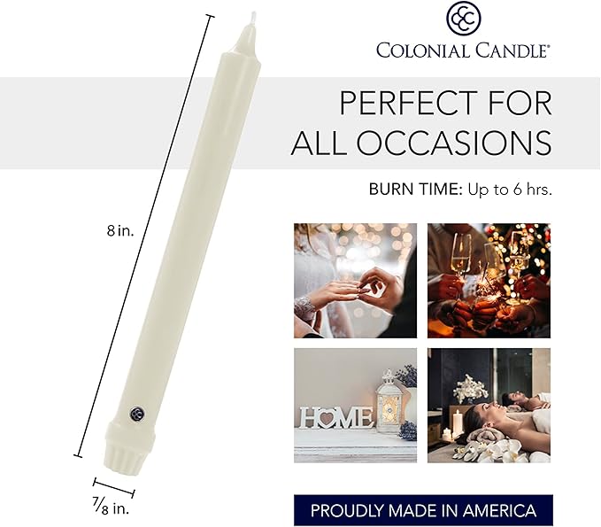 Colonial Candle Unscented Taper Candle, Classic Collection, Ivory, 8 In, Pack of 12 - Up to 6 Hours Burn