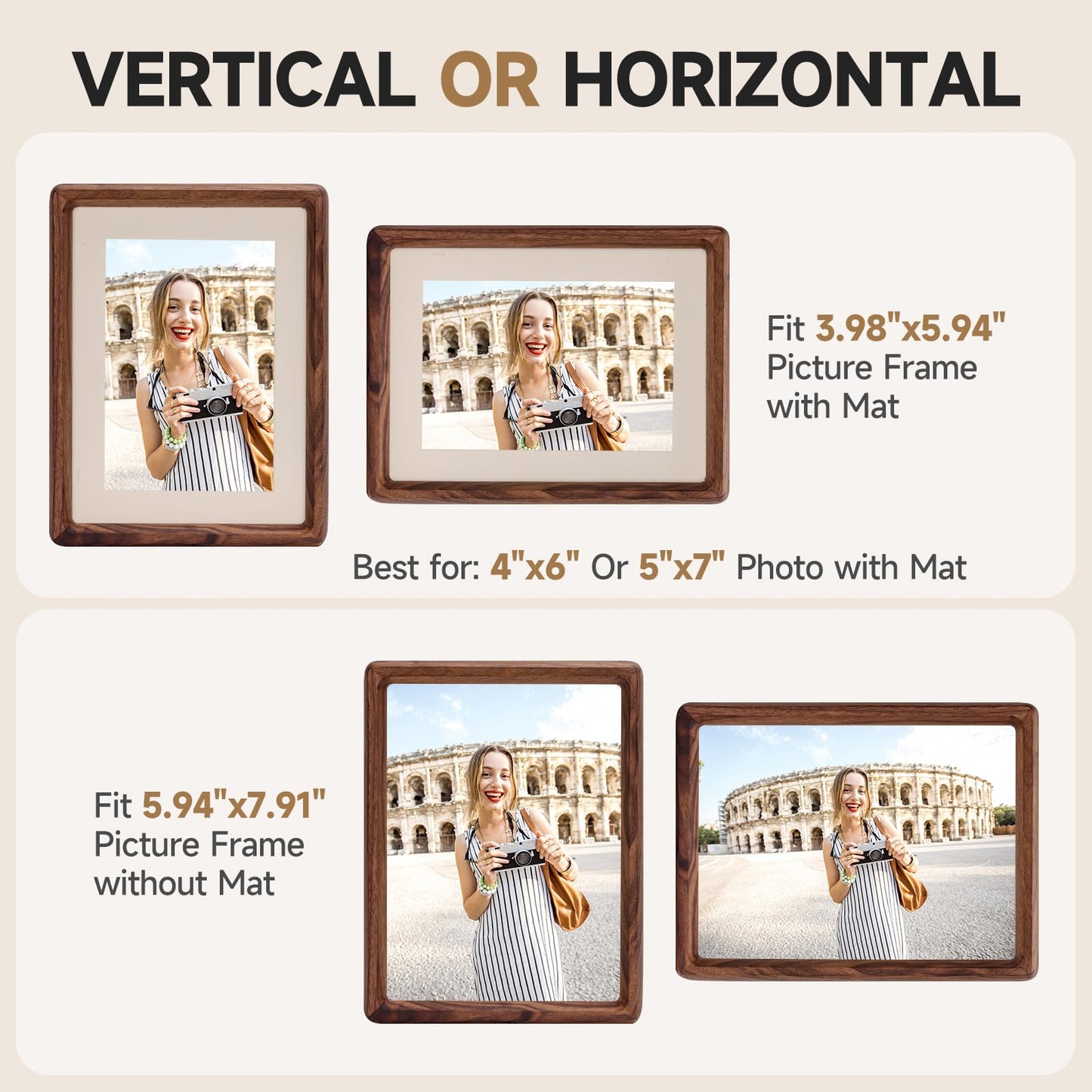 3Liangthings Solid Walnut Picture Frame 4x6 5x7, Solid Wood Tabletop Photo Frame with Decorative Joinery Corners, Horizontal or Vertical Display (Walnut, For 4x6 / 5x7 Photo)