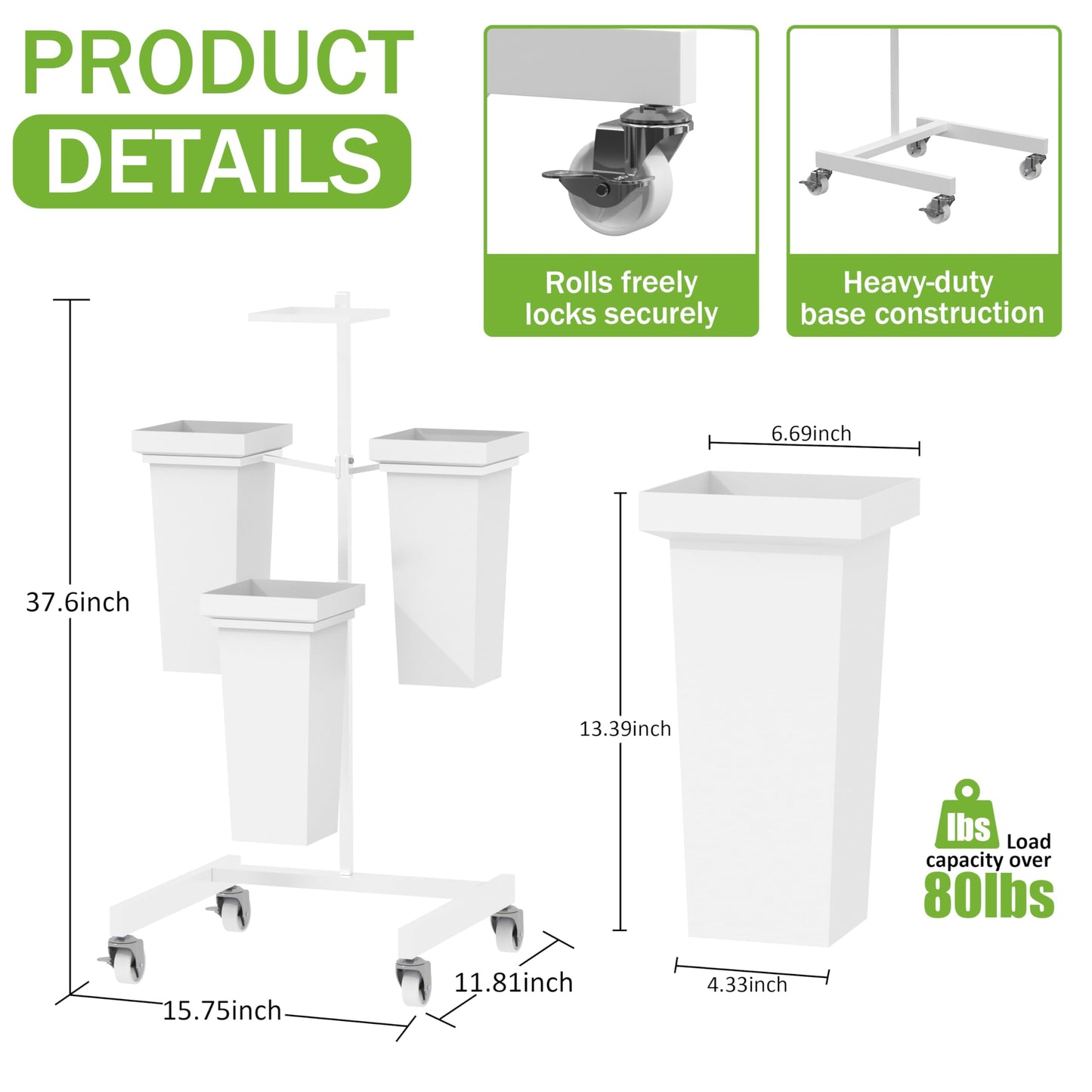 aboxoo Flower Display Stand with Buckets, Sturdy Flower Cart with Wheels, Metal Bouquet Bar for Wedding, Party, Patio, Bridal Shower
