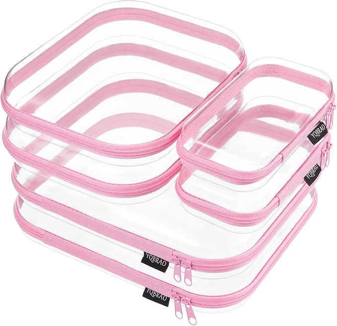 YQBRAO 6 Pack Soft Pink Clear Hard Shell Zipper Case, 1.2mm Crush-Proof Makeup Bag & Skincare Organizer, Heavy Duty Travel Pouches for Toiletries, Art Supplies & Daily Carry (2L+2M+2S)