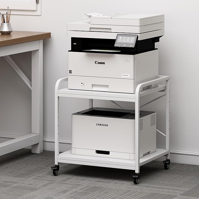 Fannova 20 Inches Deep Large Printer Stand, 2 Tier Under Desk Printer Table with Height Adjustable Shelf, Rolling Printer Cart with Wheels for Home Office Storage - White
