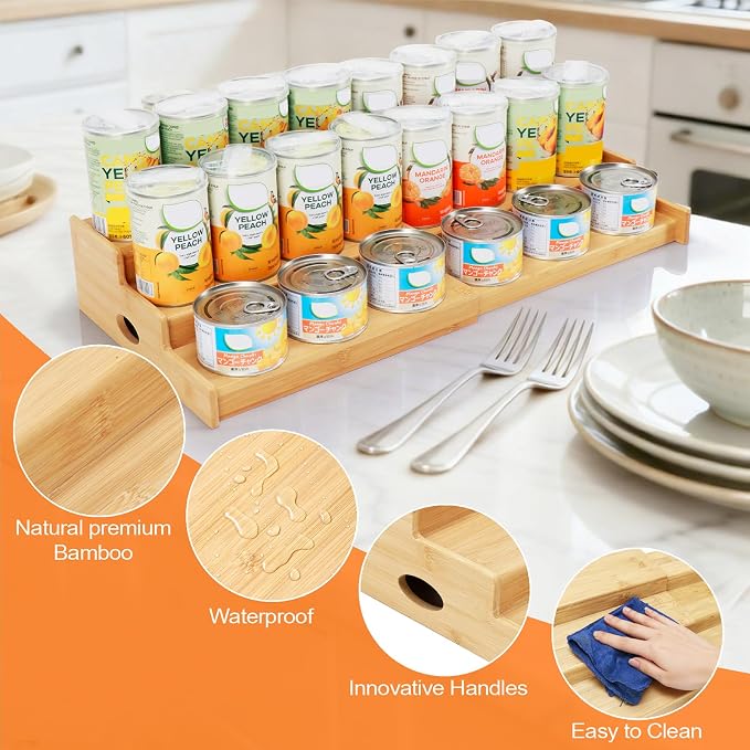 Expandable Can Rack Organizer for Pantry, 3 Tier Bamboo Adjustable Can Storage Holder, Soda Organizer Holds Up to 24 Cans, Canned goods Storage Display Shelf for Kitchen,Countertop, Cabinet