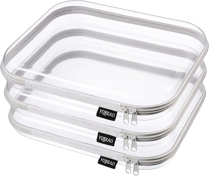 YQBRAO 3-Pack Large Clear Hard Shell Zipper Case, 1.2mm Ultra-Thick Rigid Toy & Closet Organizer, Heavy-Duty Diaper Bag Pouch Set with YKK Zippers, Waterproof Travel Storage (Gray)
