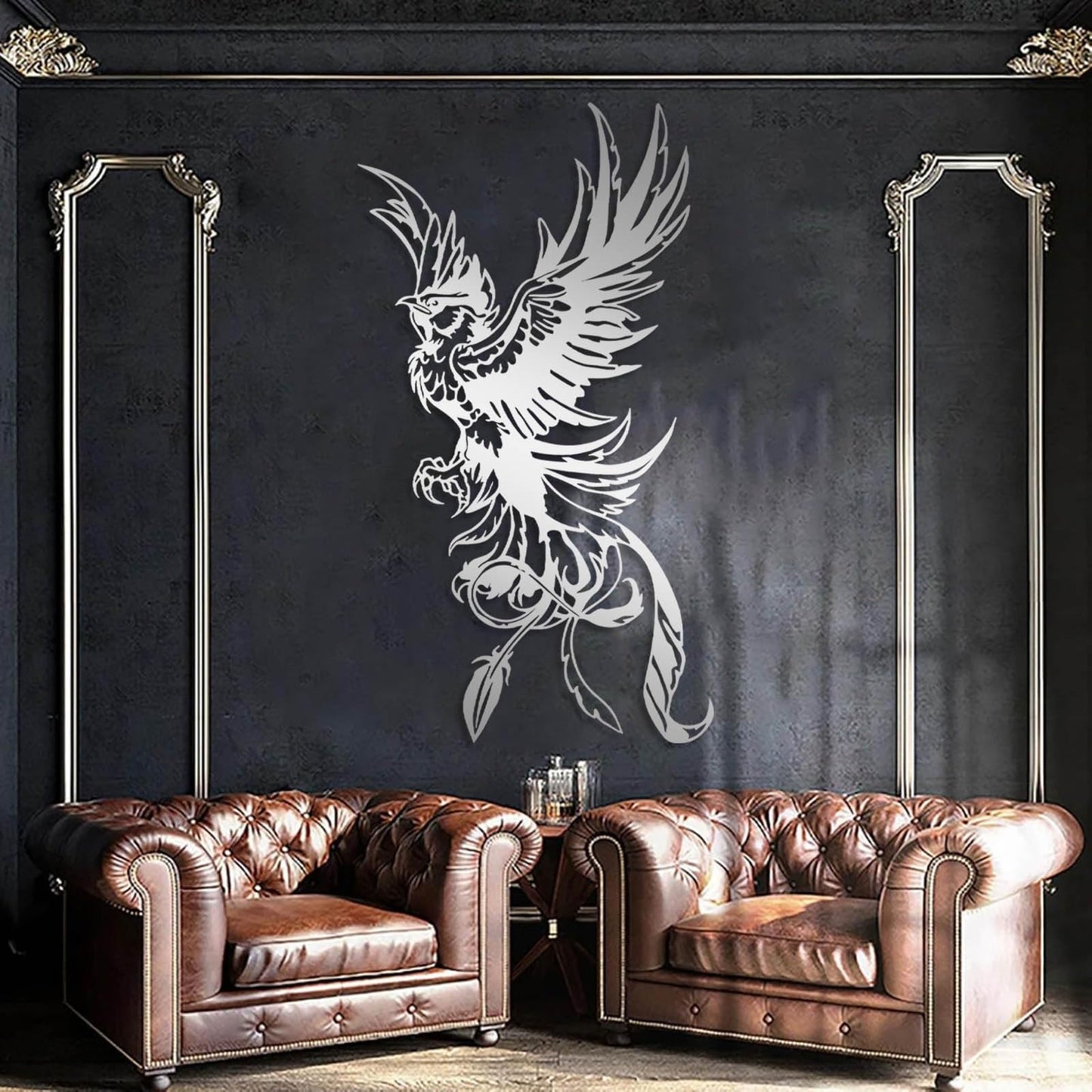 vinwipe Phoenix Metal Wall Art, Metal Phoenix Wall Decor, Bird Wall Decor, Mythical Wall Art, Outdoor Bedroom Wall Hanging (Black, 30"x17"/76x42cm)
