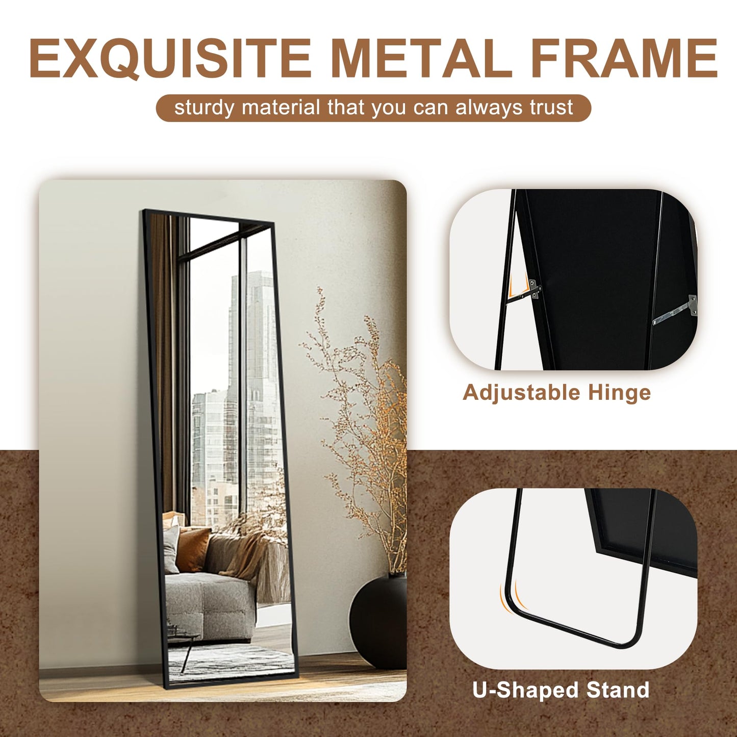 Delma Wall Full Length Mirror,Standing Mirror Full Body,Large Floor for Wall Door Bedroom Bathroom Living Room with Aluminium Frame(with Stand,56x15-Black)