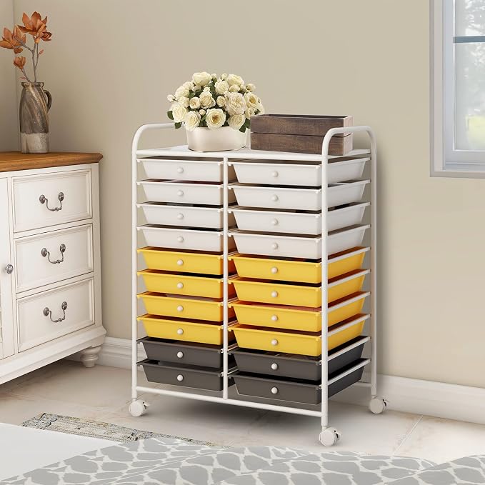 COSTWAY 20-Drawer Rolling Storage Cart, Multipurpose Storage Trolley on Wheels for Home Office School (Yellow, Beige & Grey)
