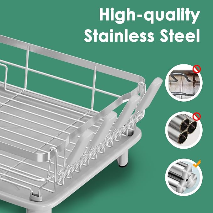 MOUKABAL Dish Drying Rack, Dish Rack, Stainless Steel Dish Racks for Kitchen Counter, Dish Drainer with Removable Utensil Holder, Drainboard (Grey,Stainless Steel,13''W x 17''L)