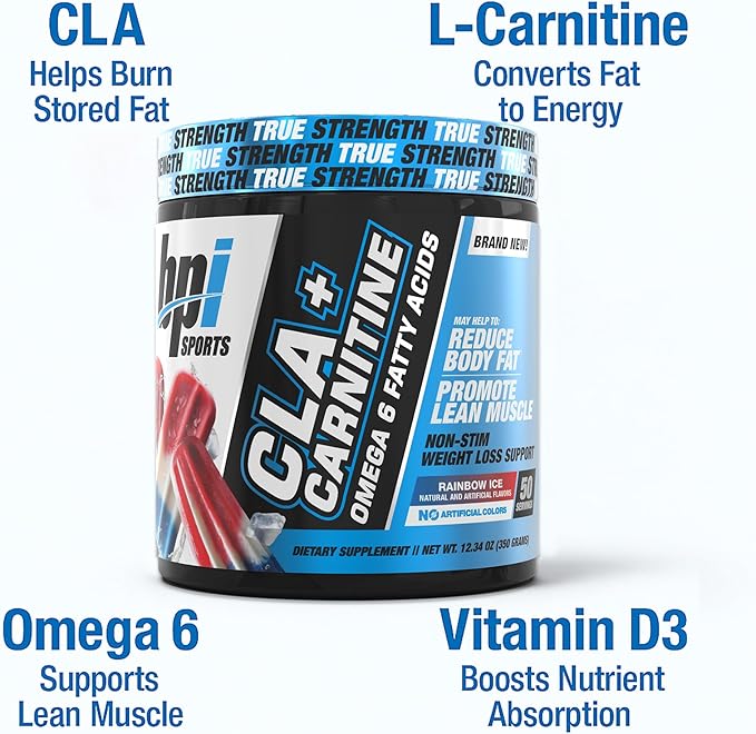 BPI Sports CLA+Carnitine ??CLA L Carnitine & Linoleic Acid ??L Carnitine Supplement for Weight Loss, Metabolism & Lean Muscle ??Caffeine Free ??Rainbow Ice ??50 Servings ??12.34 oz