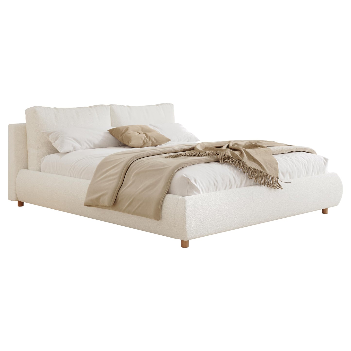 Christopher Knight Home Hazel Queen Size Bed Frame, Upholstered Platform Bed, Soft Boucle Queen Headboard, Removable Pillows Headboard, Wood Slats Support, No Box Spring Needed, Easy Assembly, White
