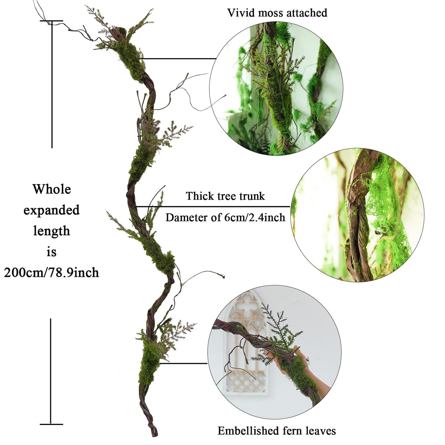 1Pcs 78.9inch Large Bendable Artificial Tree Branches Moss Sturdy Hanging Plants Leaves Grape Vines Thick Tree Trunk Twigs Greenery Stems Cherry Blossom Garland for Halloween Outdoor Forest Decor