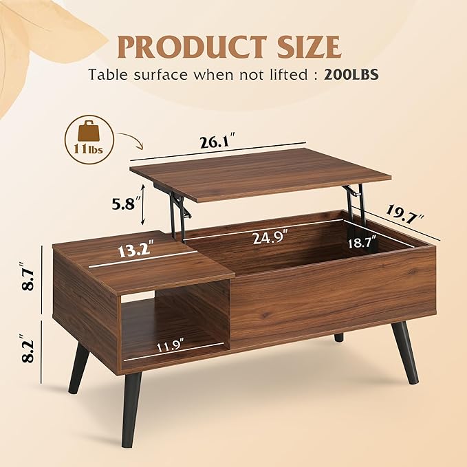 WLIVE Coffee Table for Living Room, Lift Top Coffee Table with Storage, Small Rising Wooden Dining Center Table with Storage Shelf & Hidden Compartment, 39" Brown