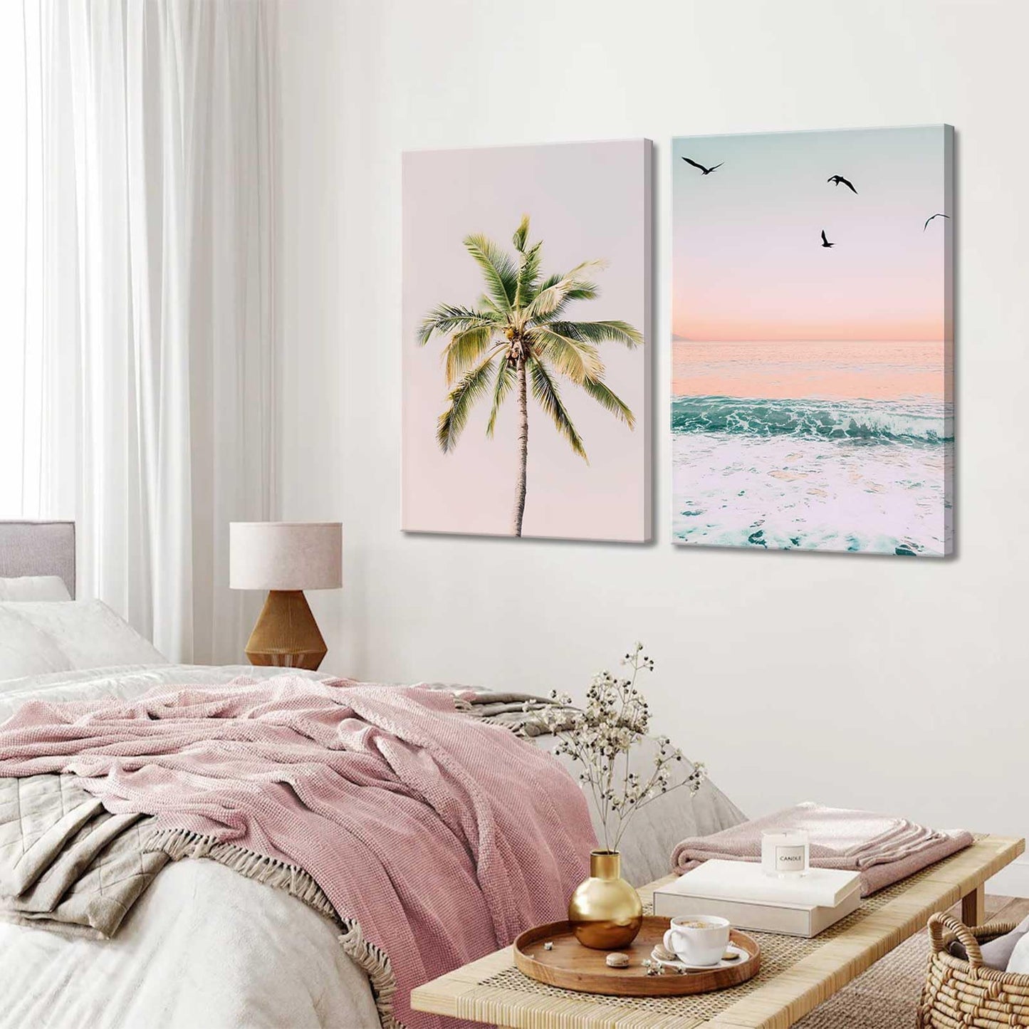 2Pcs Framed Pastel Beach Wall Art Tropical Palm Tree Canvas Posters Prints Coastal Ocean Wall Decor Pictures Summer Beach Theme Bedroom Living Room Decoration, 12x16 Inch