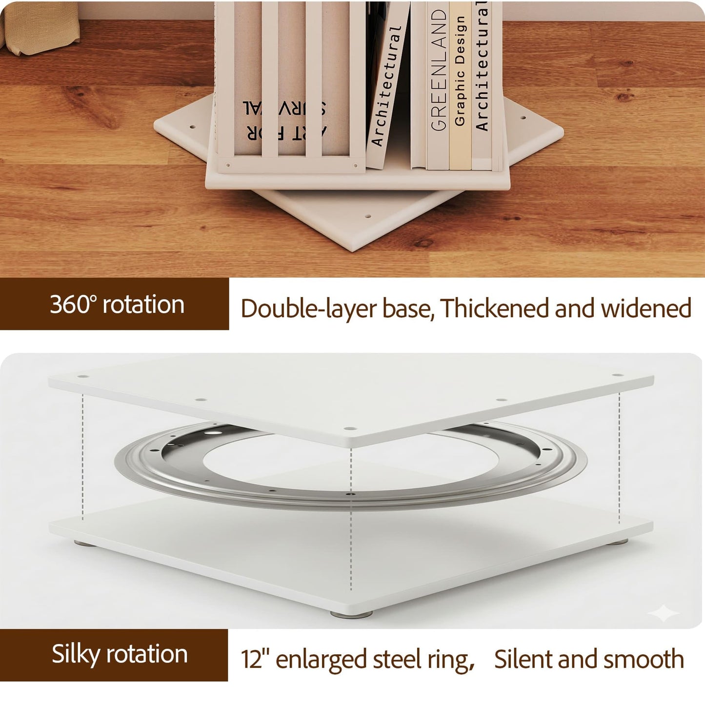 Raykion Rotating Bookshelf Tower, 6 Tier Bamboo Spinning Book Shelf, 360 Revolving Bookcase for Small Space Corner, Large Capacity Swivil Bookshelf for Living Room Bedroom Home Office, White