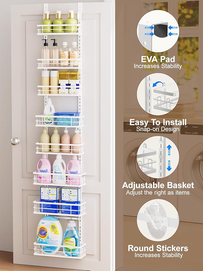 Delamu 9-Tier Over the Door Pantry Organizer, Adjustable Pantry Door Organizers and Storage, Metal Hanging Basket Wall Spice Rack Seasoning Organizer, Door Organizer Kitchen Bedroom Bathroom,12"White
