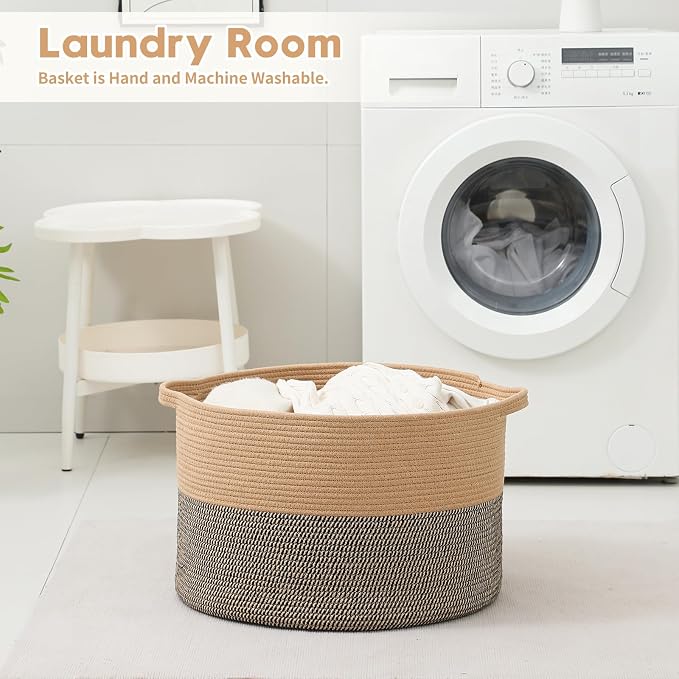 Foldable Laundry Hamper Basket with Collapsible Handle Cotton Rope Soft Woven Fabric Storage Organizer Clothes Toys Nursery Bedroom Dorm Space Saving Bin (Camel & Mix Camel, 65L(19.7"D x 12.6"H))