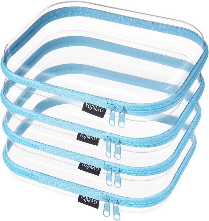 YQBRAO 4-Pack Clear Diaper Bag Organizer Pouches, 1.2mm Ultra-Thick PET Travel Pouches for Toiletries & Makeup, Rigid Self-Standing Bags with YKK Zippers, TSA Approved (Blue)