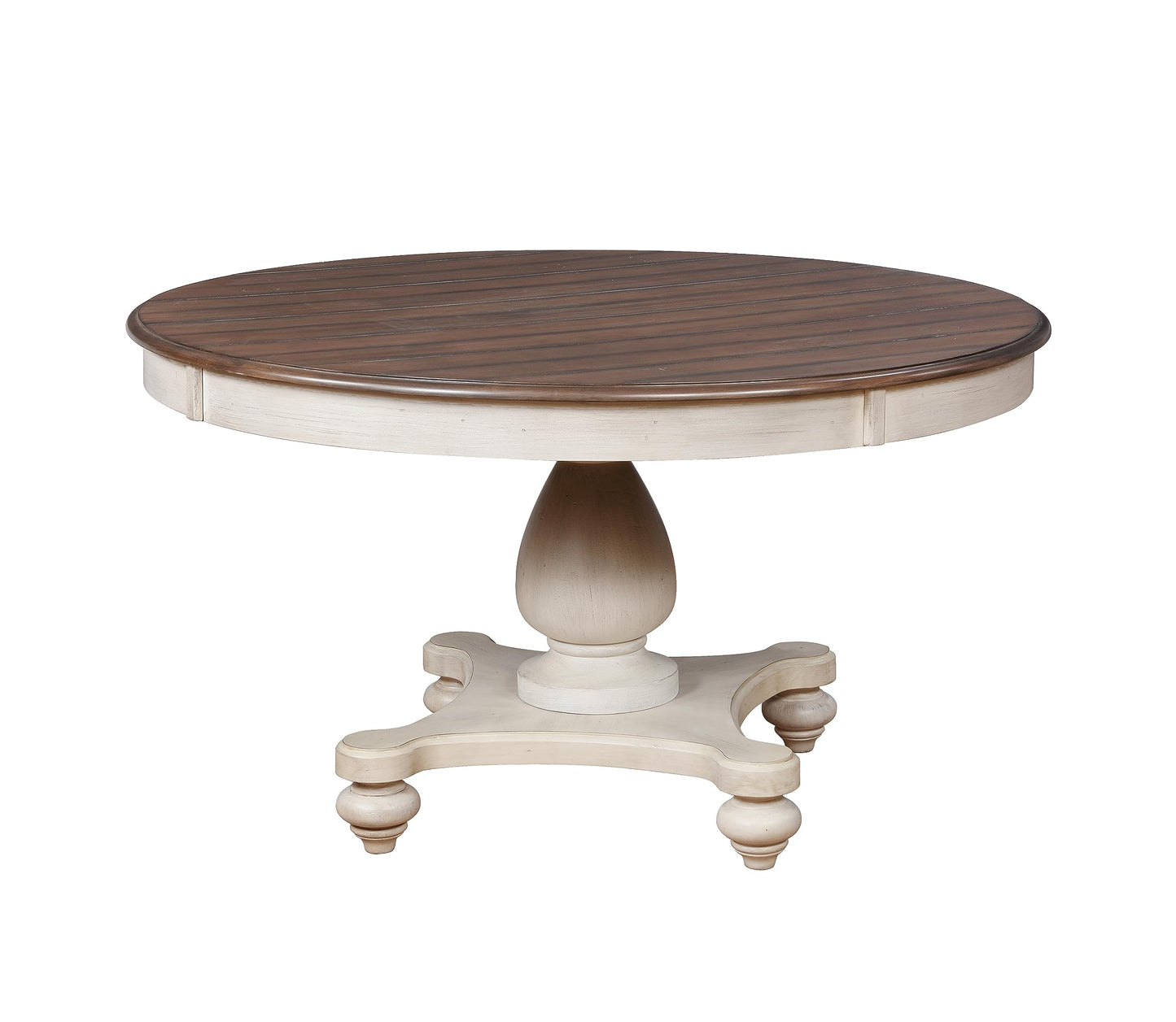 Roundhill Furniture Arch Solid Wood Dining Set: Round Table, Four Chairs, Distressed White and Dark Oak