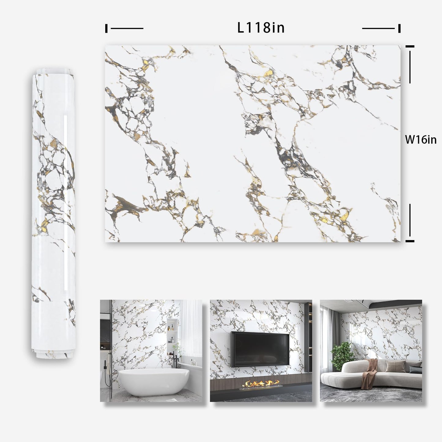 White Gold Marble self adhesive Contact Paper kitchen Granite Countertops peel and stick Wallpaper 118x16inch Removable sticky laminate Wall paper Vinyl Wrap Counter top cabinet decor table desk