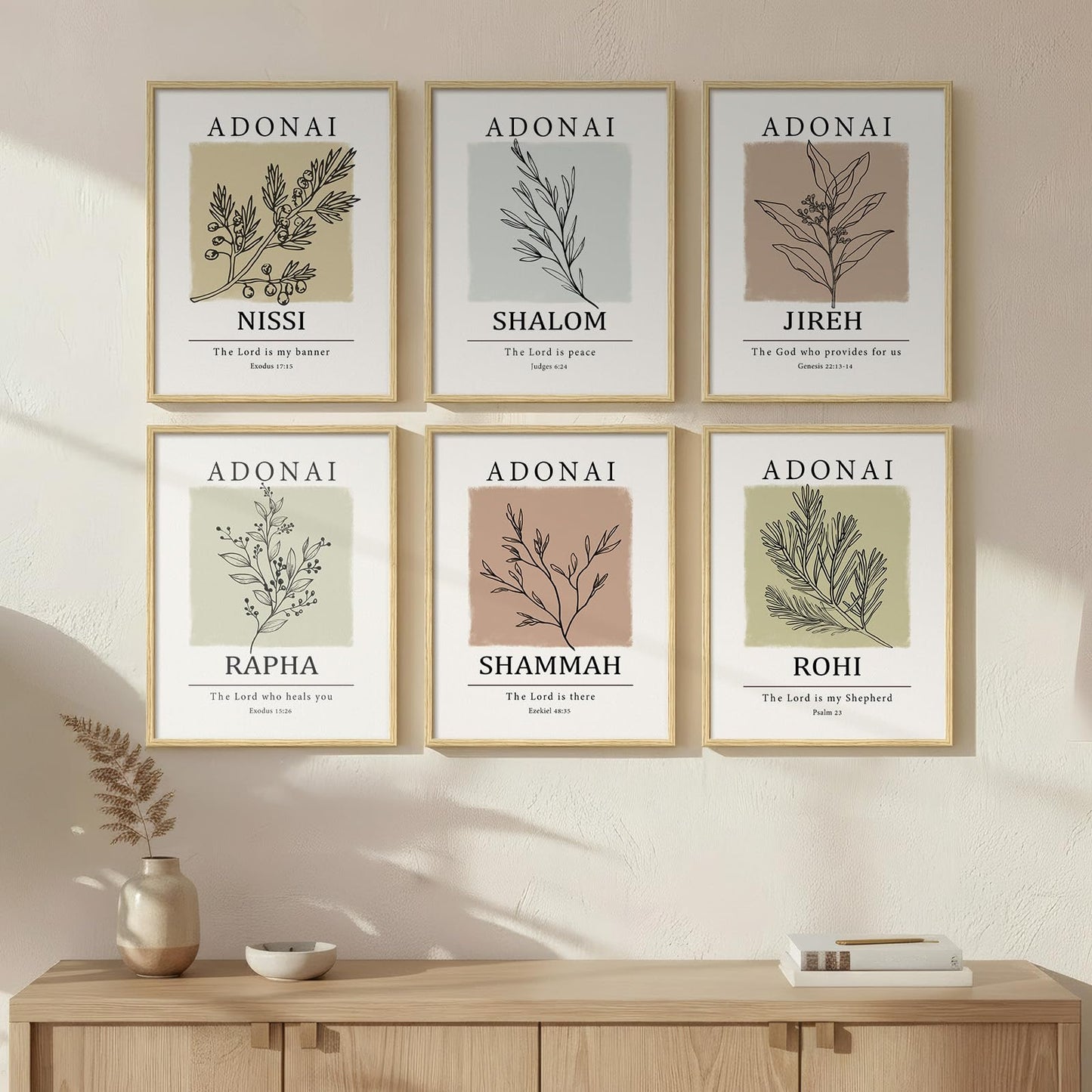 Framed Christian Scripture Wall Art, Set of 6 Minimalist Bible Verse Prints, Names of God Faith Based Neutral Boho Botanical Leaf Artwork for Bedroom Living Room Office Hallway Home Decor, 11x14 Inch