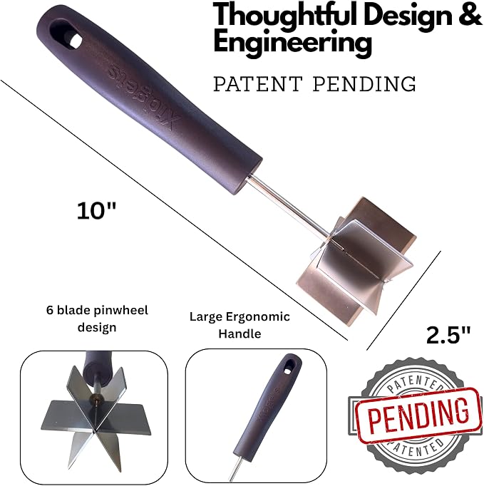Large Stainless Steel Meat Chopper & Masher | 6-Blade Ground Beef Chopper Tool | Hamburger Smasher | Oversized Ergonomic Handle | Heat Resistant Grip | Dishwasher Safe - 10" (Midnight Plum 10")