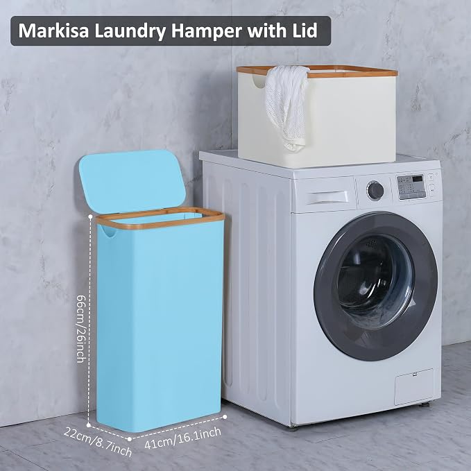 Slim Laundry Basket,60L Laundry Hamper with Lid, Tall Hamper for Laundry,Dirty Cloth Hamper with Bamboo Handle for Toys,Towels, Clothes Organizing, Light Blue