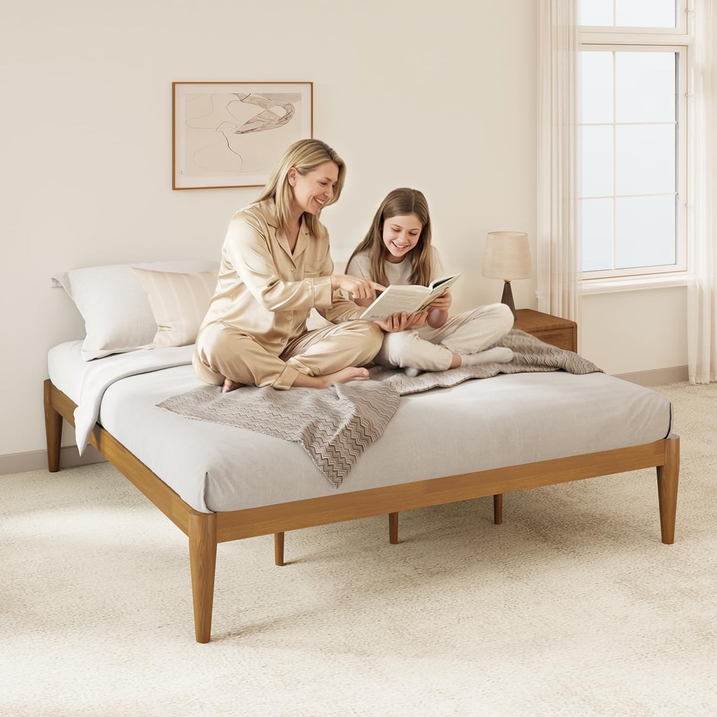 IOTXY King Platform Bed Frame - Solid Wood 16-Inch Height Mattress Foundation Base with Densely Slats and Heavy-Duty Support Legs, No Box Spring Needed, Teak